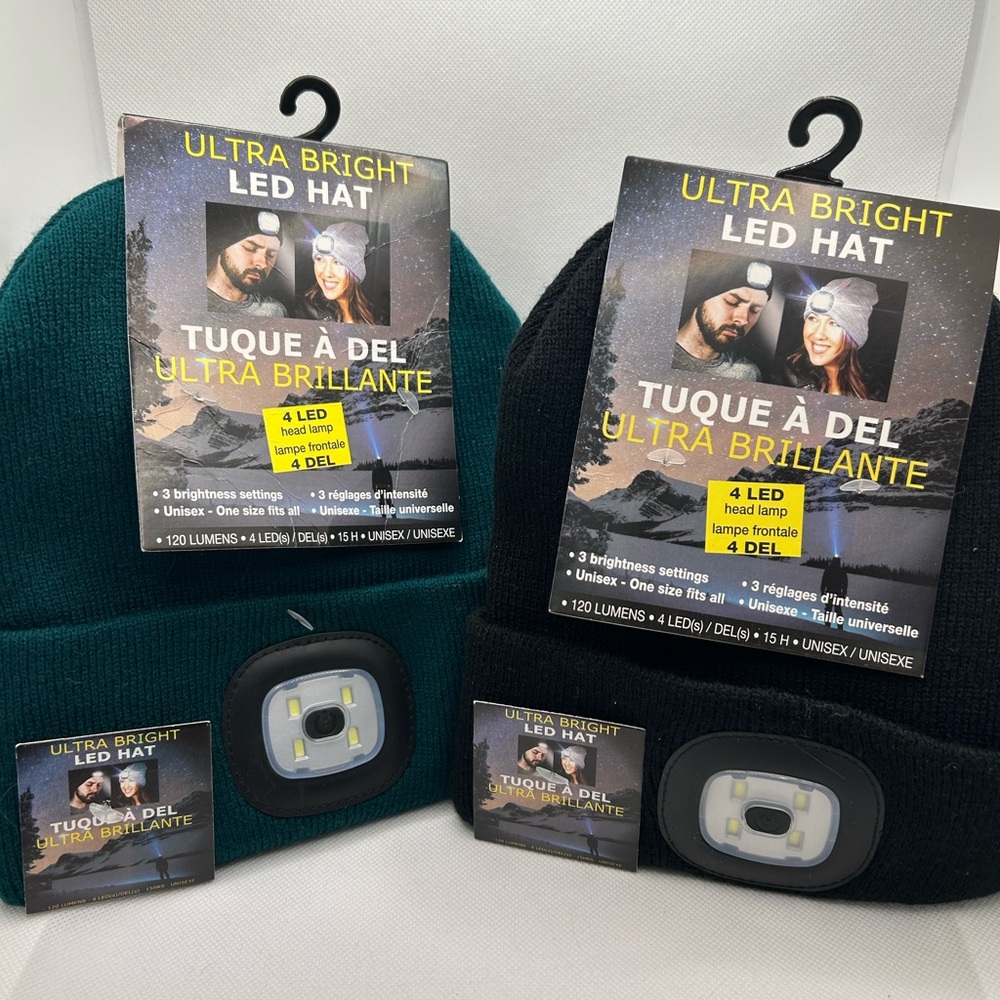 2 Ultra Bright LED Unisex Hats - Green and Black. NWT